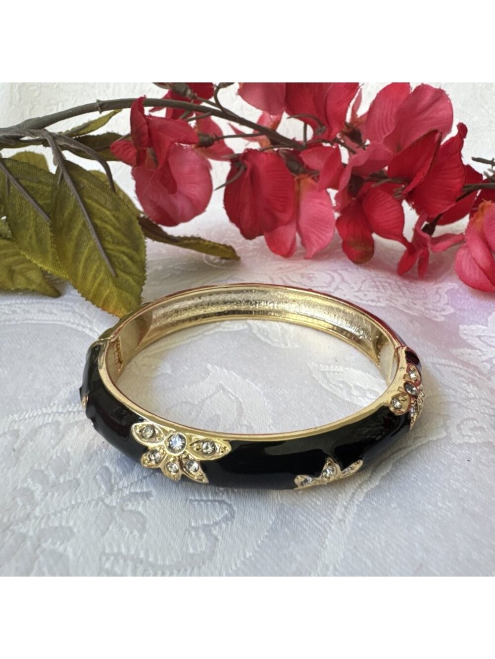 Sequin NYC Enamel Bracelet Black GoldTone Crystals Thin Cuff Bangle Hinged NEW